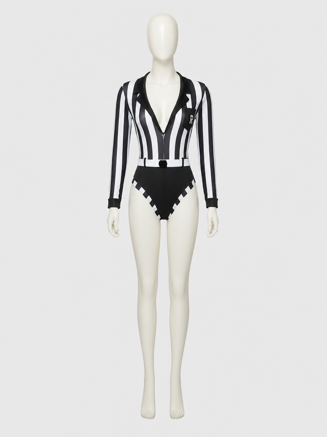 Black-and-White Striped Bodysuit with a Plunging Neckline side view