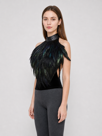 Black halter top with a feather-like texture and no embellishment