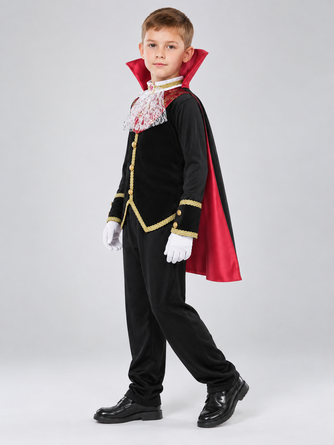 Children's Vampire Costume with Red Cape and Jabot side view