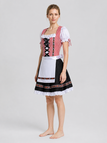Ethnic-style dress with apron, full skirt, and ruffles side view
