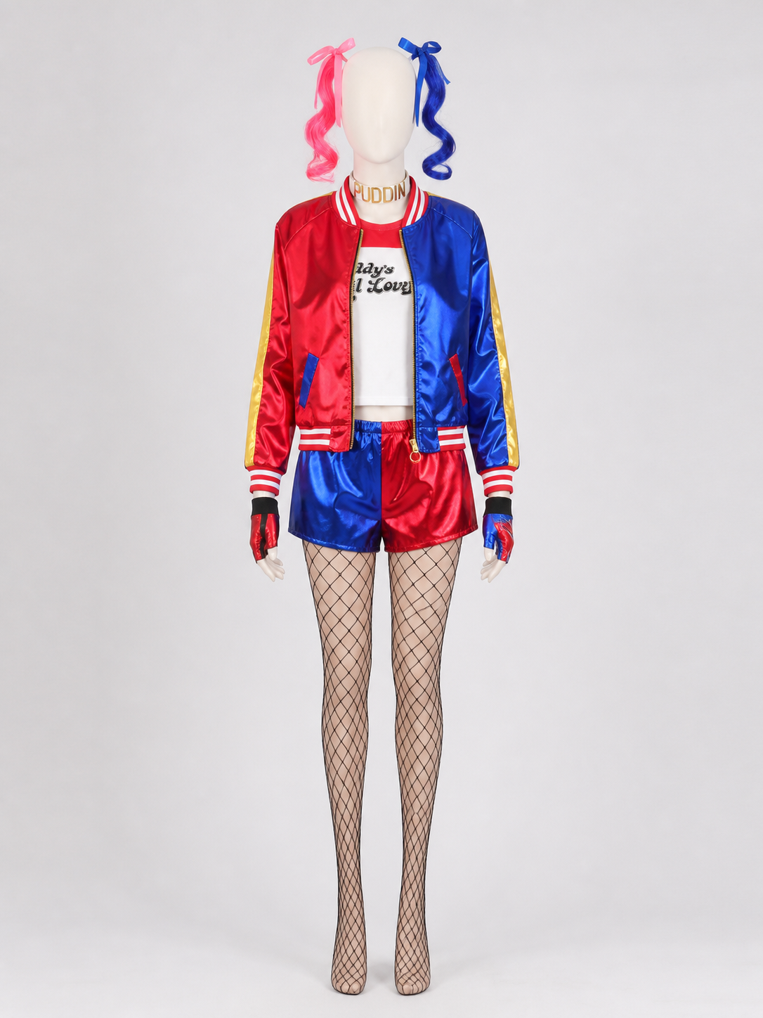 Harley Quinn Costume: Jacket, Shorts, Wig, and Accessories side view
