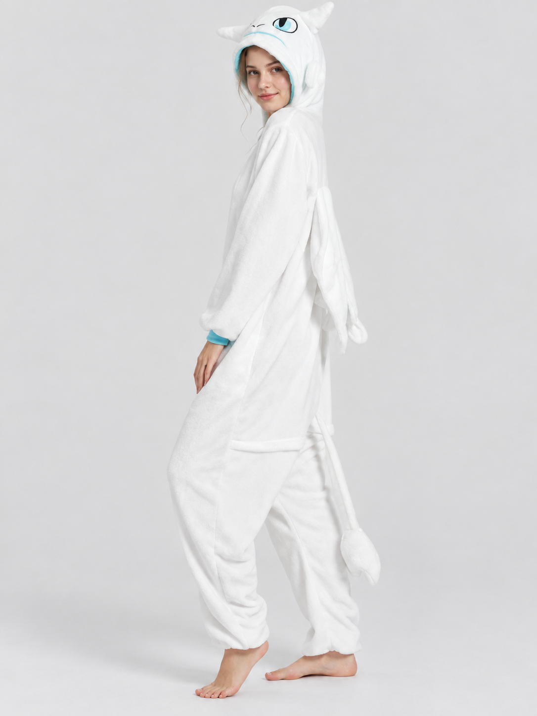 White Fleece Hooded Pajama Jumpsuit with Tail