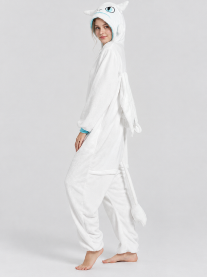 White Fleece Hooded Pajama Jumpsuit with Tail