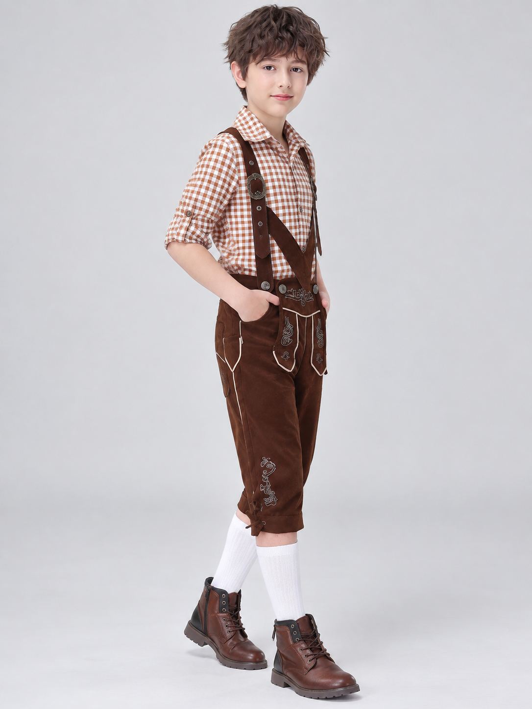 Children's costume in German folk style, trousers with suspenders