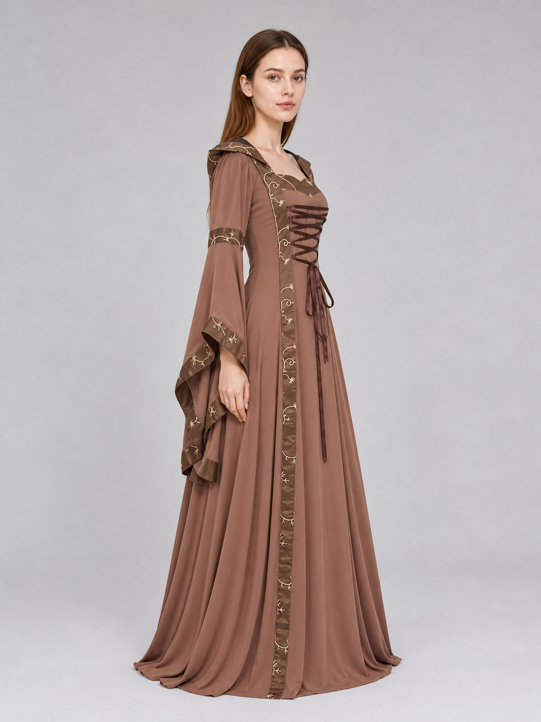 Medieval Maxi Dress with Hood and Lace-Up Detail