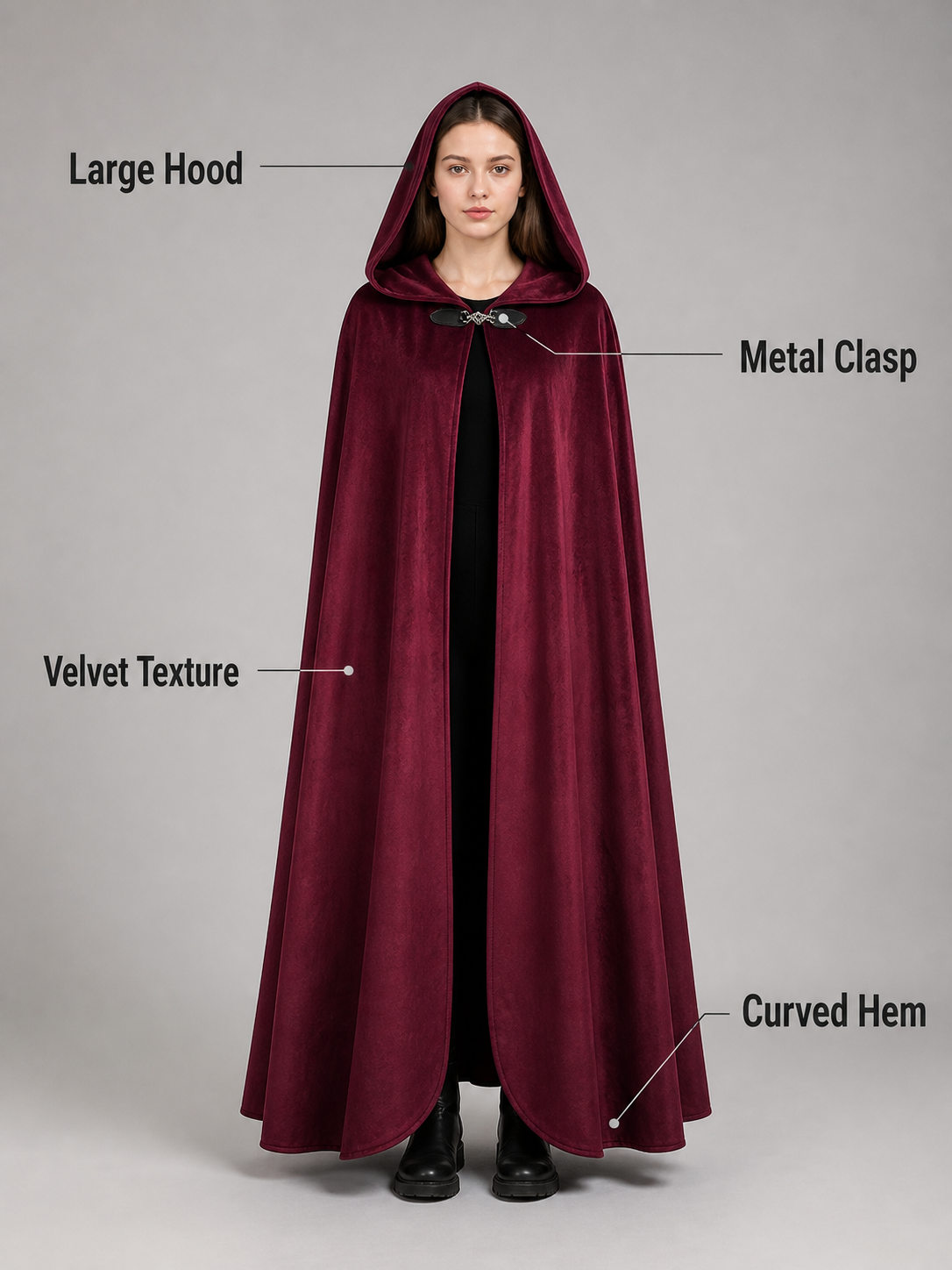 Long burgundy carnival cloak with hood