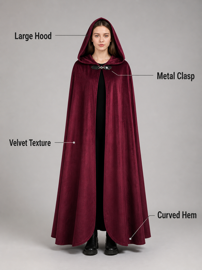 Long burgundy carnival cloak with hood