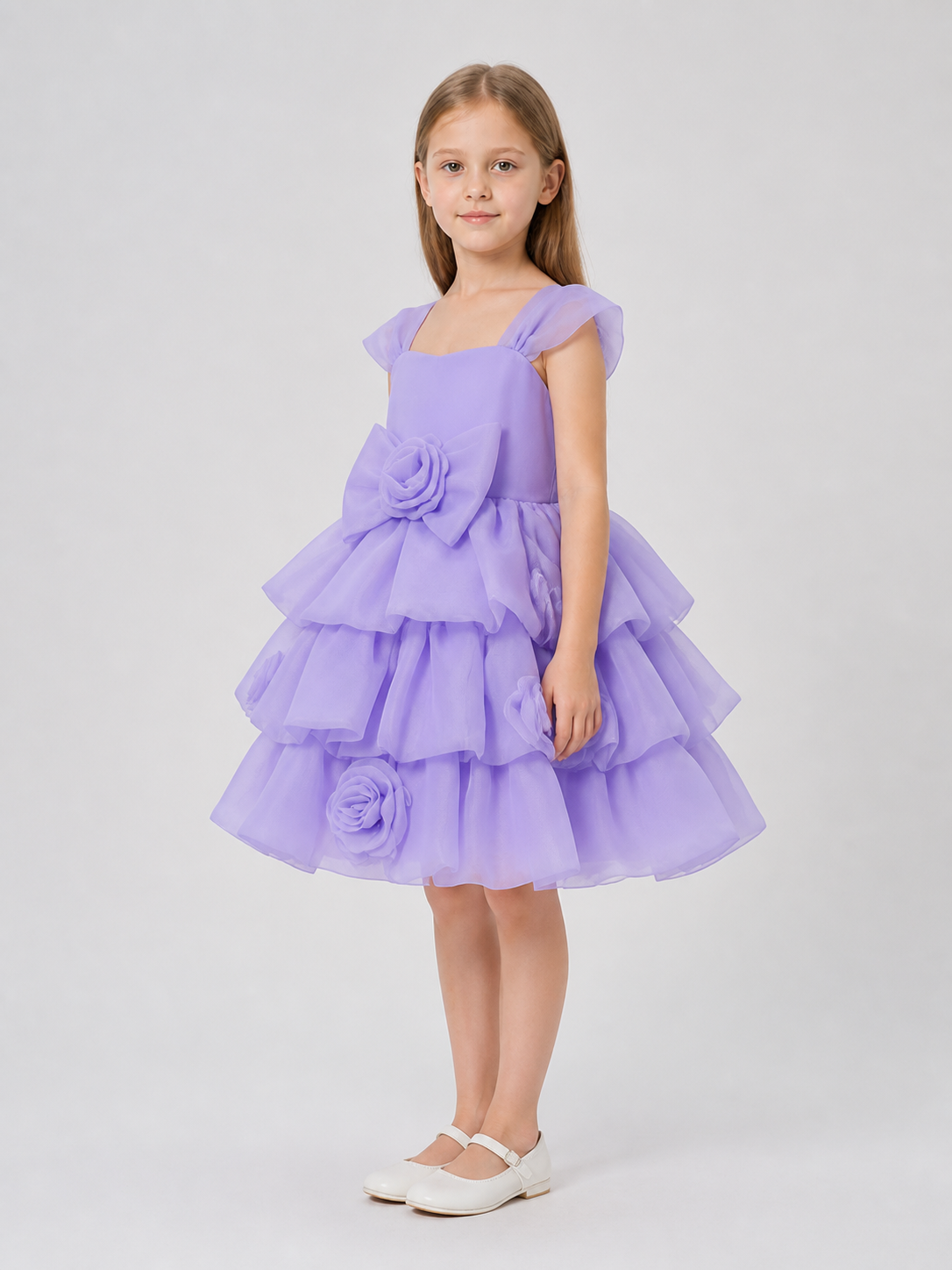 Purple Dress with Full Skirt, Bow, and Roses side view