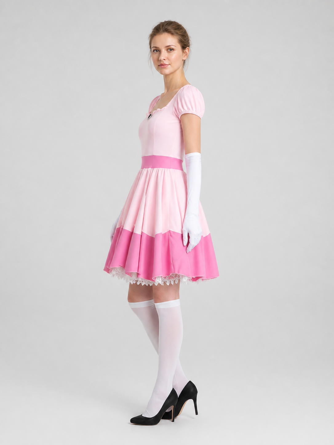 Pink cosplay dress with lace trim side view