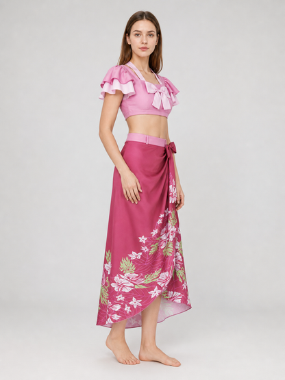 This cosplay set is designed as a short-sleeve crop top and a long skirt. It includes a top, a half-skirt, and decorative bows. There is a bow on the chest of the top, and another bow is placed on the side of the skirt waist. The top has an
