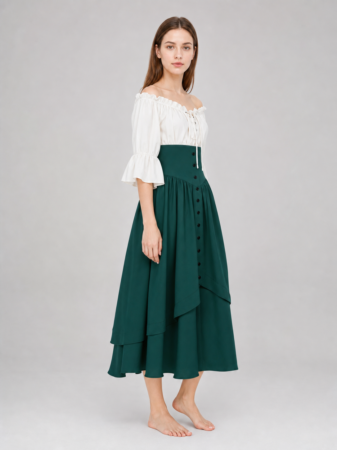 Vintage dress with a full skirt, ruffles, and sleeves
