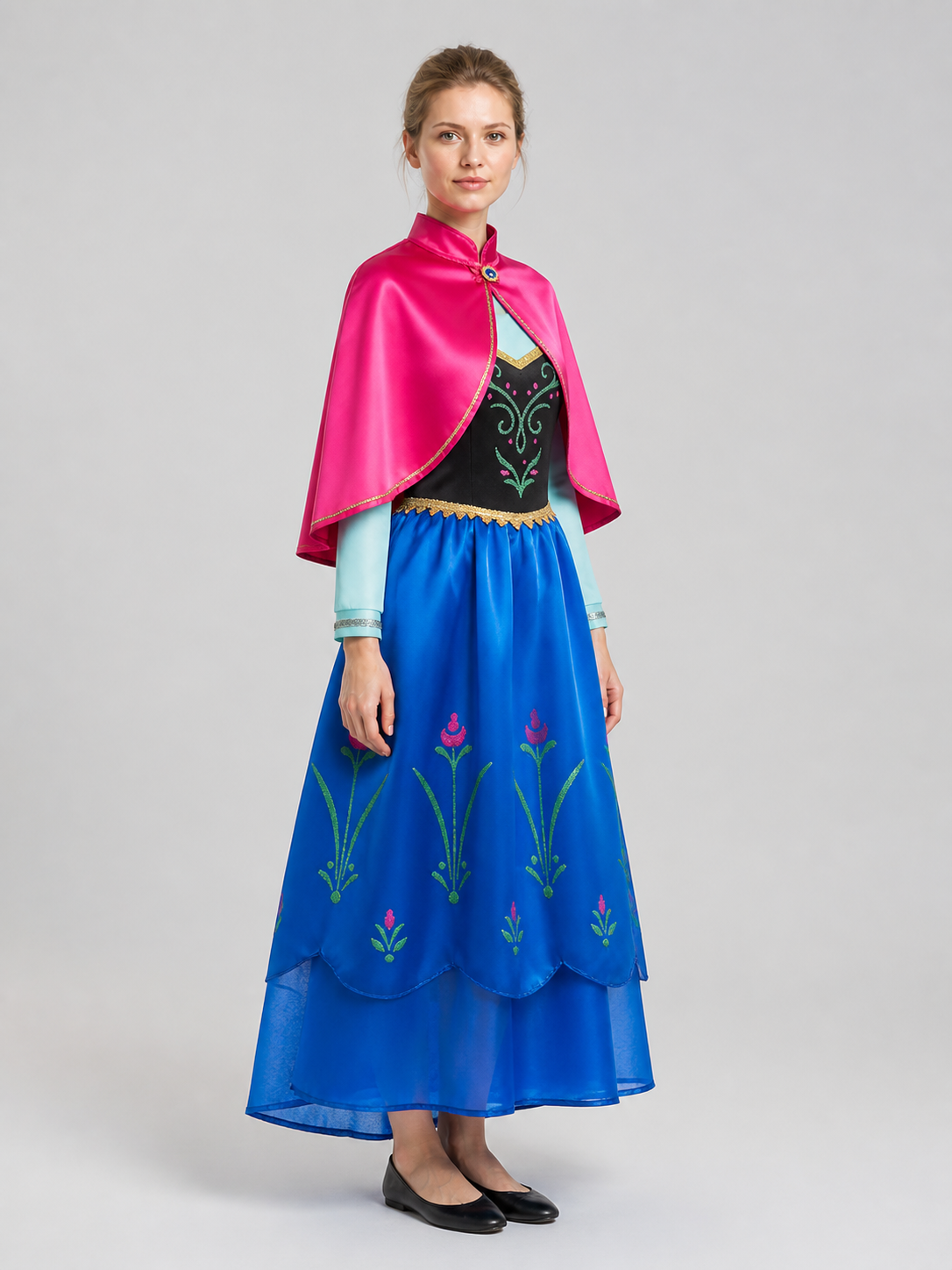 Princess Elsa Dress with Blue Skirt and Pink Cape side view