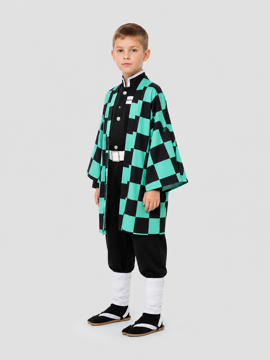 Tanjiro Cosplay: Costume with Checkered Cape, Set side view