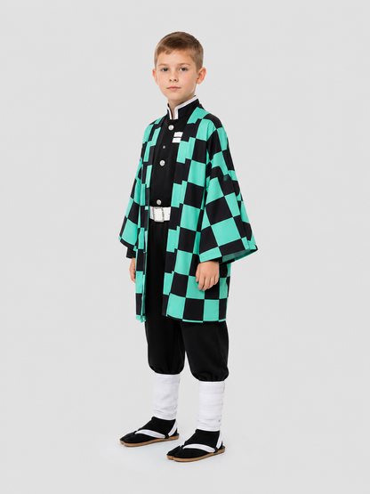 Tanjiro Cosplay: Costume with Checkered Cape, Set side view