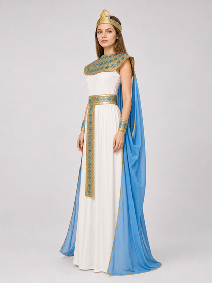 Cleopatra Costume with Blue Draping and Gold Embellishments