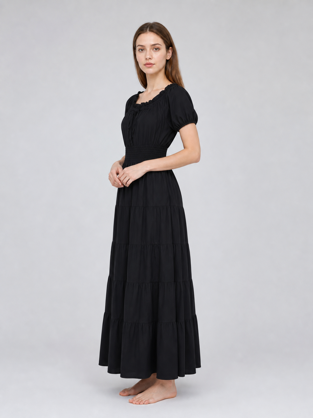 Black Tiered Maxi Dress with Gathering