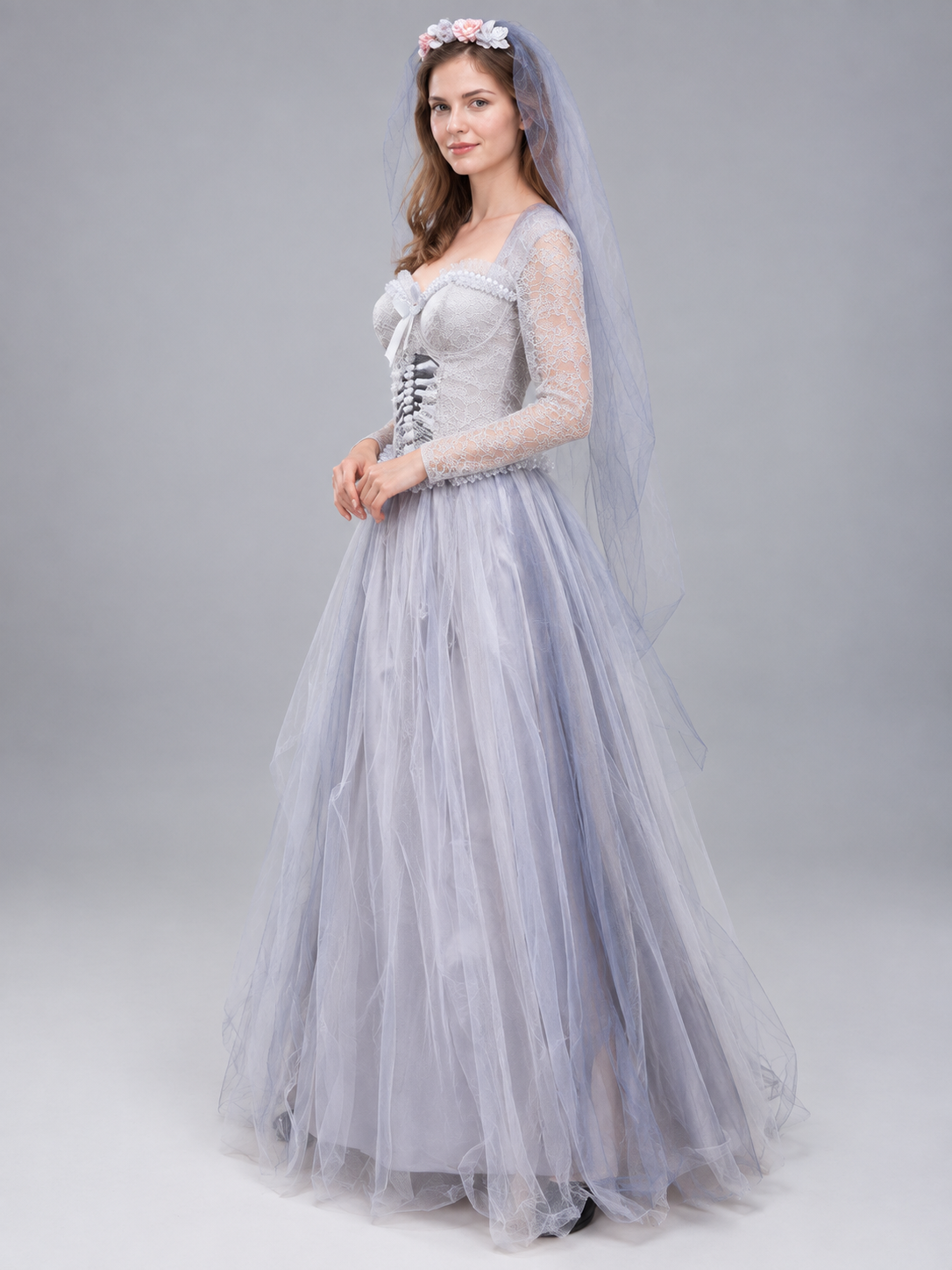 Carnival costume with dress, wreath, and veil, light gray