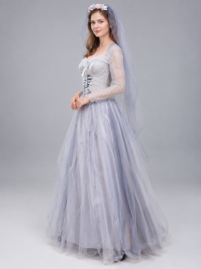 Carnival costume with dress, wreath, and veil, light gray