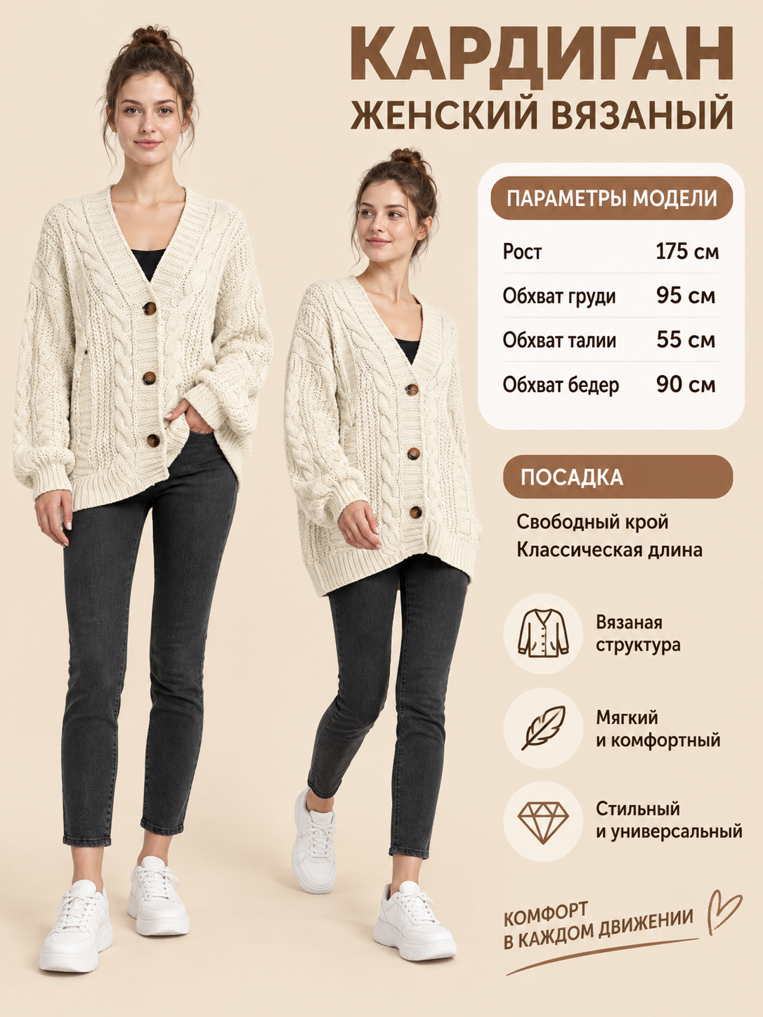 Cream Knit Cardigan with Cable Pattern and Buttons