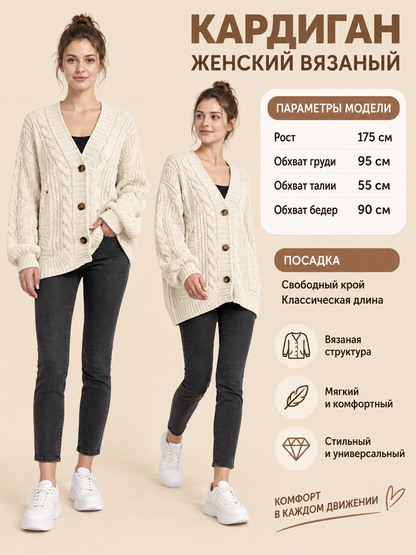 Cream Knit Cardigan with Cable Pattern and Buttons
