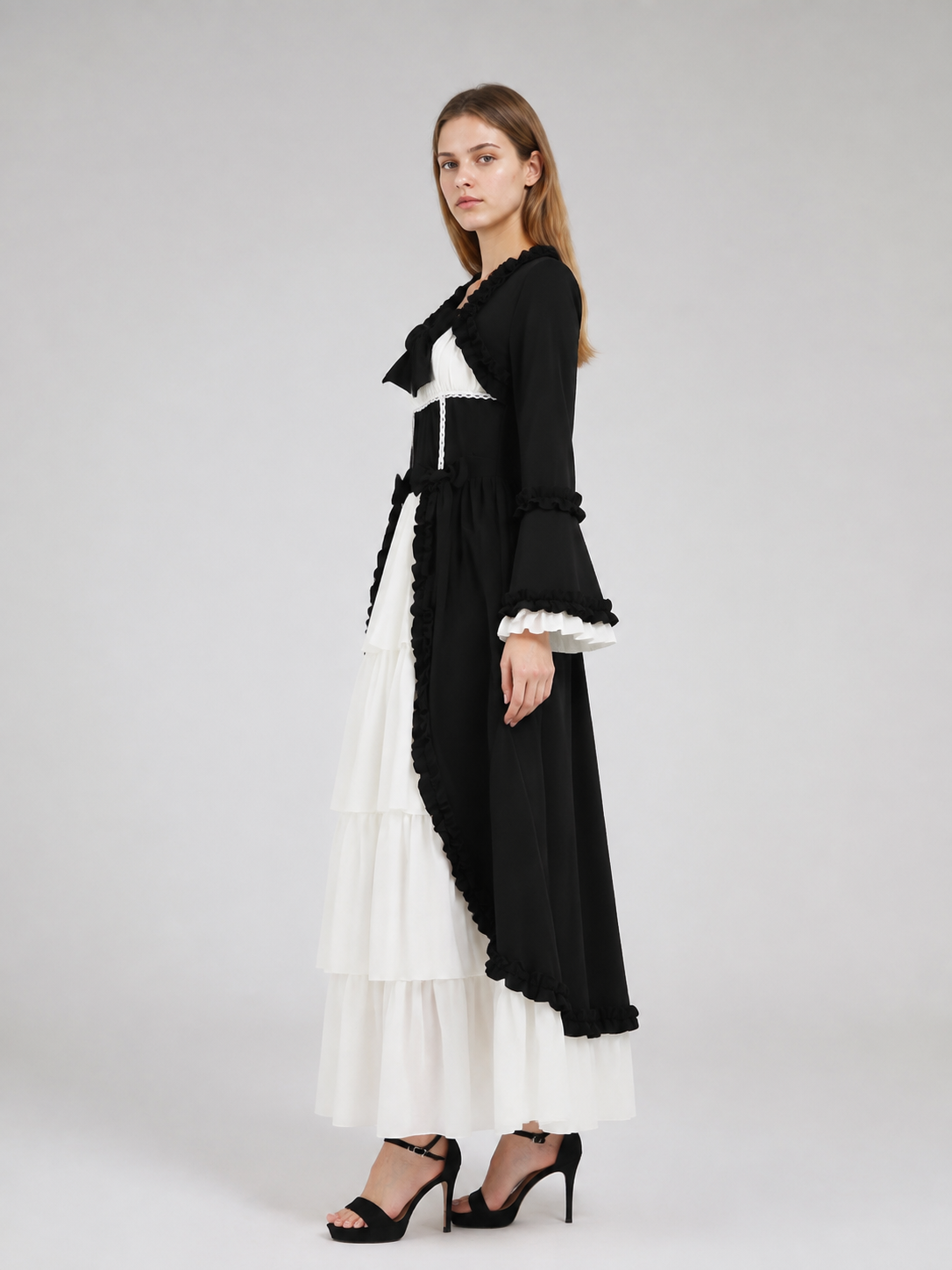 Long Black-and-White Stage Dress with Bow side view
