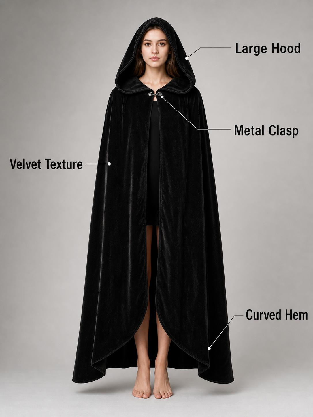 Black Hooded Cloak with Front Tie, Open Front, Floor-Length Trailing Cape for Adults