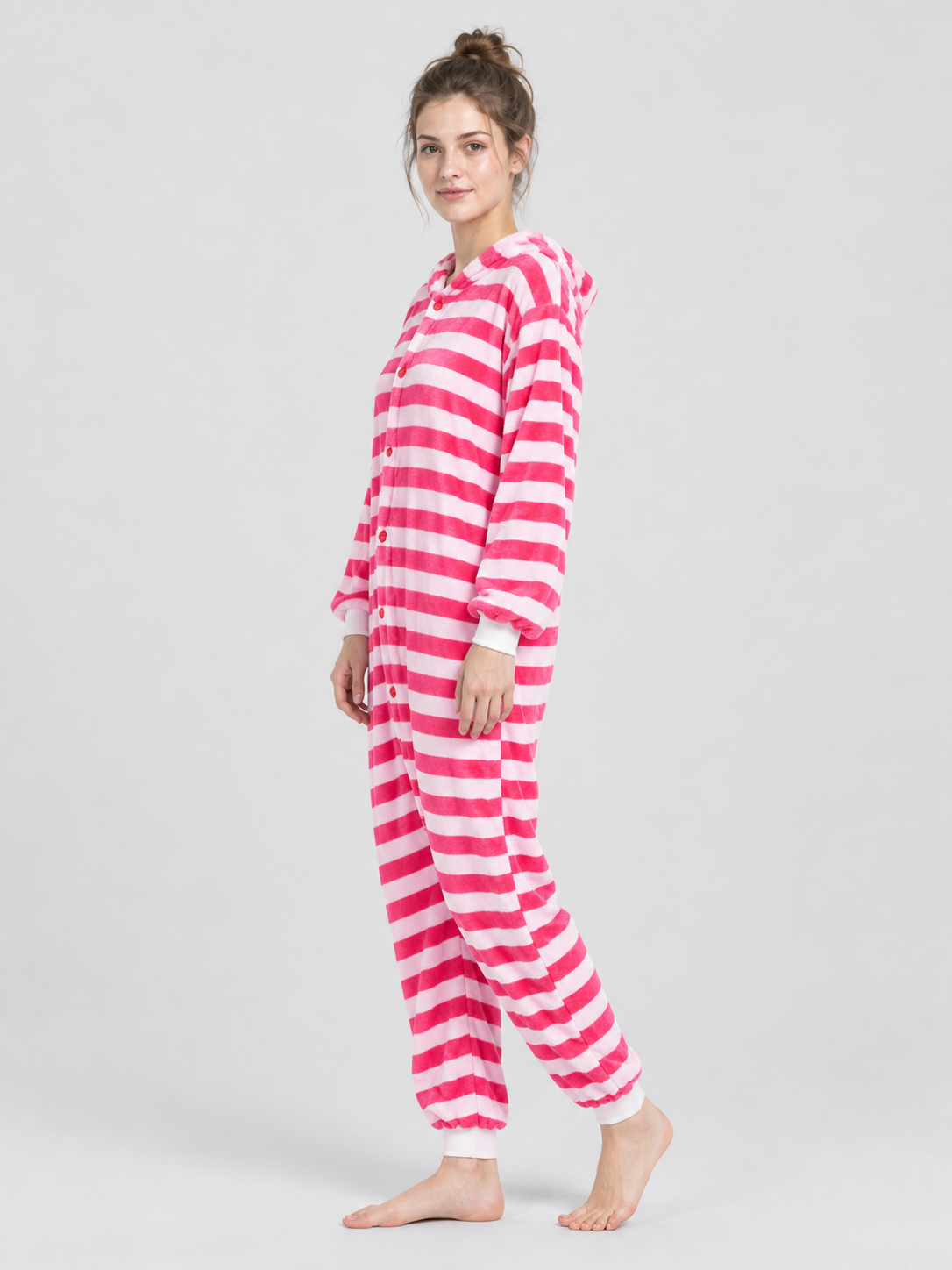 Pink and White Striped Hooded Pajama Jumpsuit