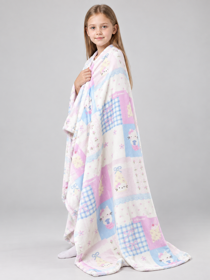Reversible Fleece Blanket with Kittens and Bows, Pastel