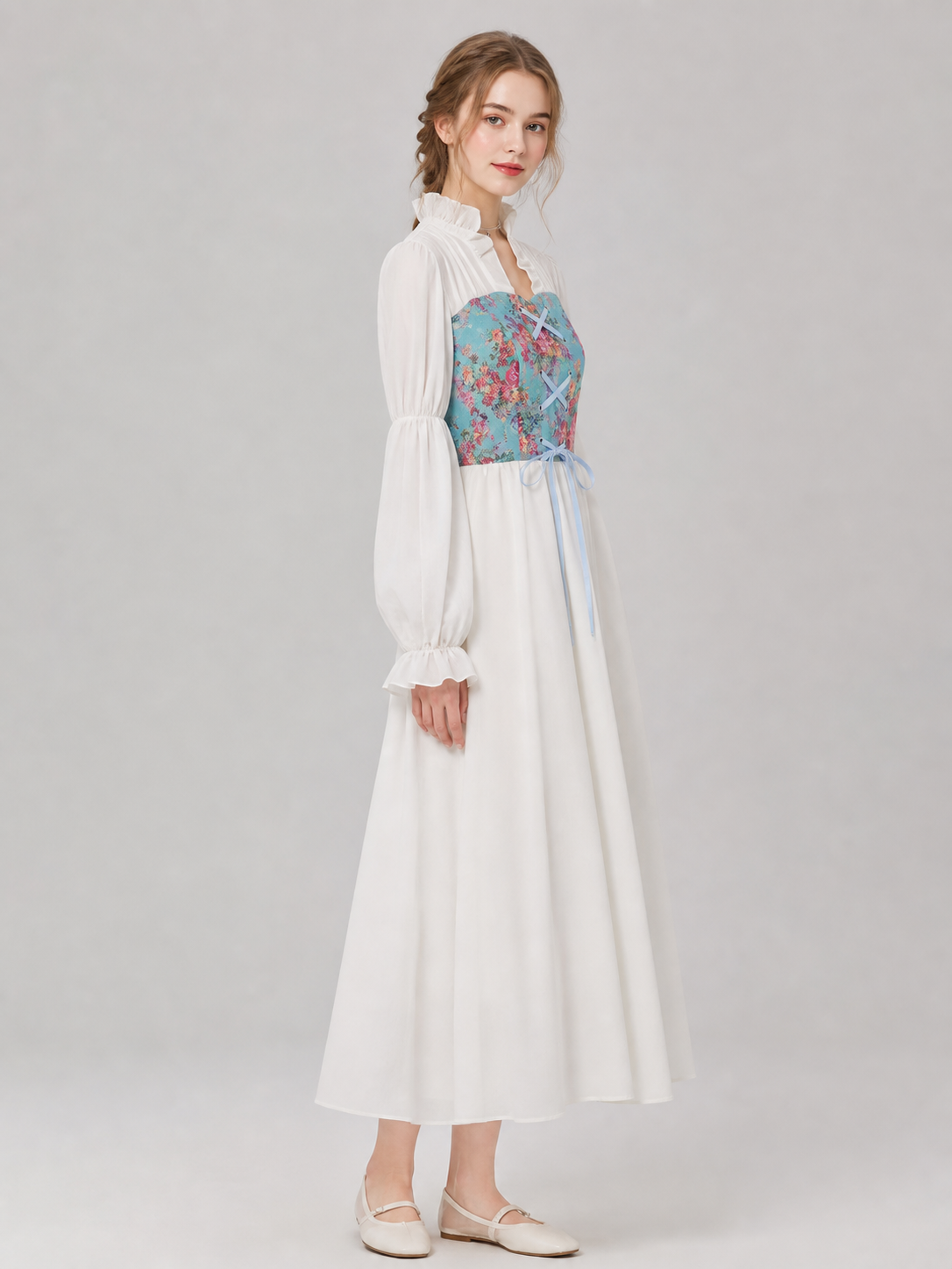 White Long Dress with Floral Print and Lace-Up Detail