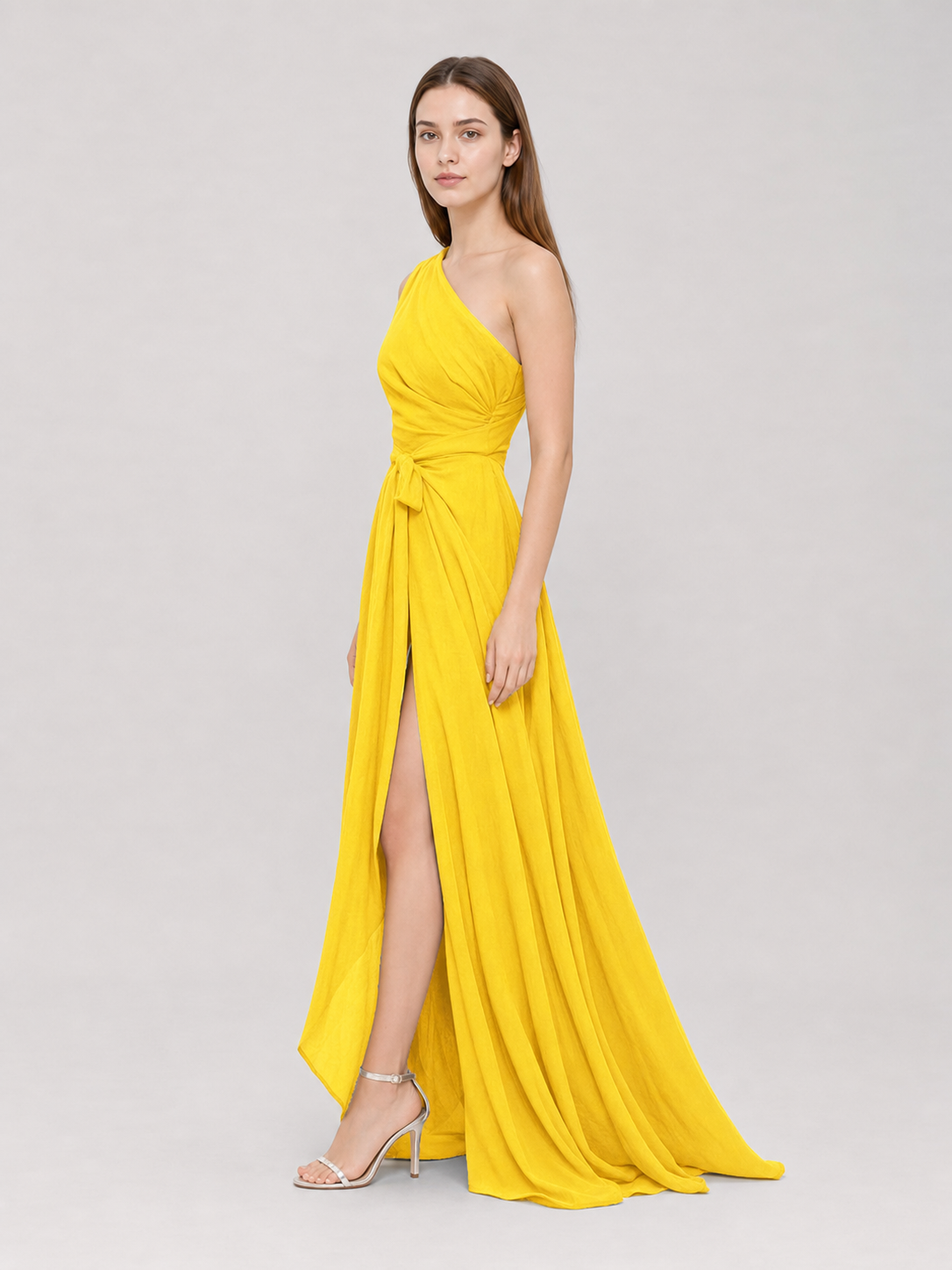 Yellow Chiffon One-Shoulder Evening Dress