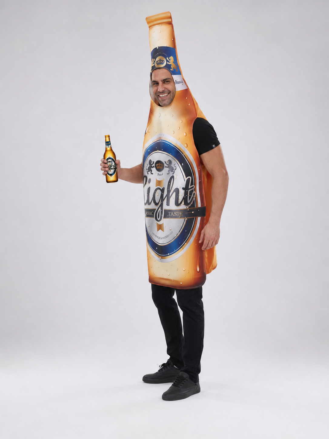 Beer bottle costume for themed celebrations and parties