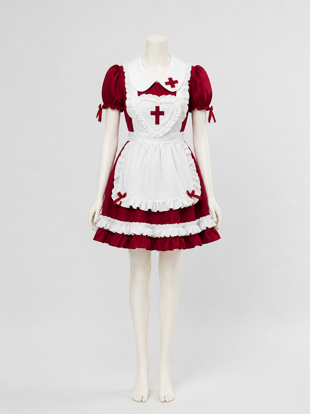 Lolita-Style Red and White Dress with Ruffles and Bows side view