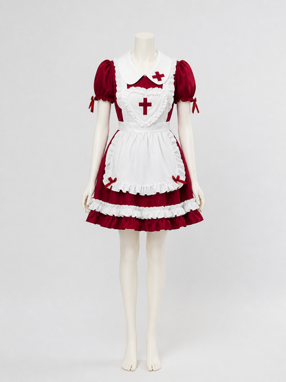 Lolita-Style Red and White Dress with Ruffles and Bows side view