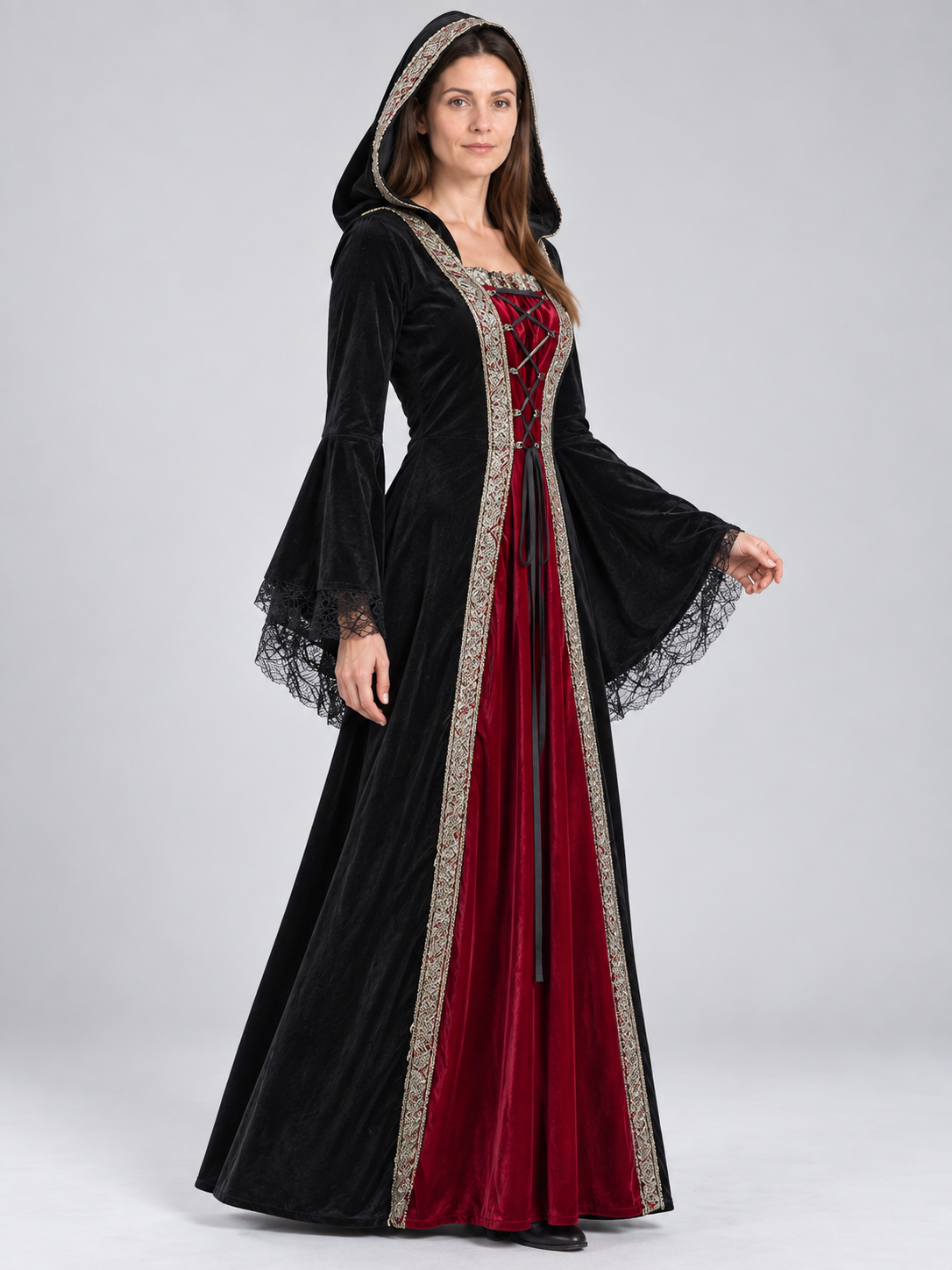 Witch Halloween Costume with Hood and Red Insert