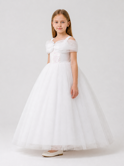Children’s White Princess Dress with Spaghetti Straps and Sequins side view