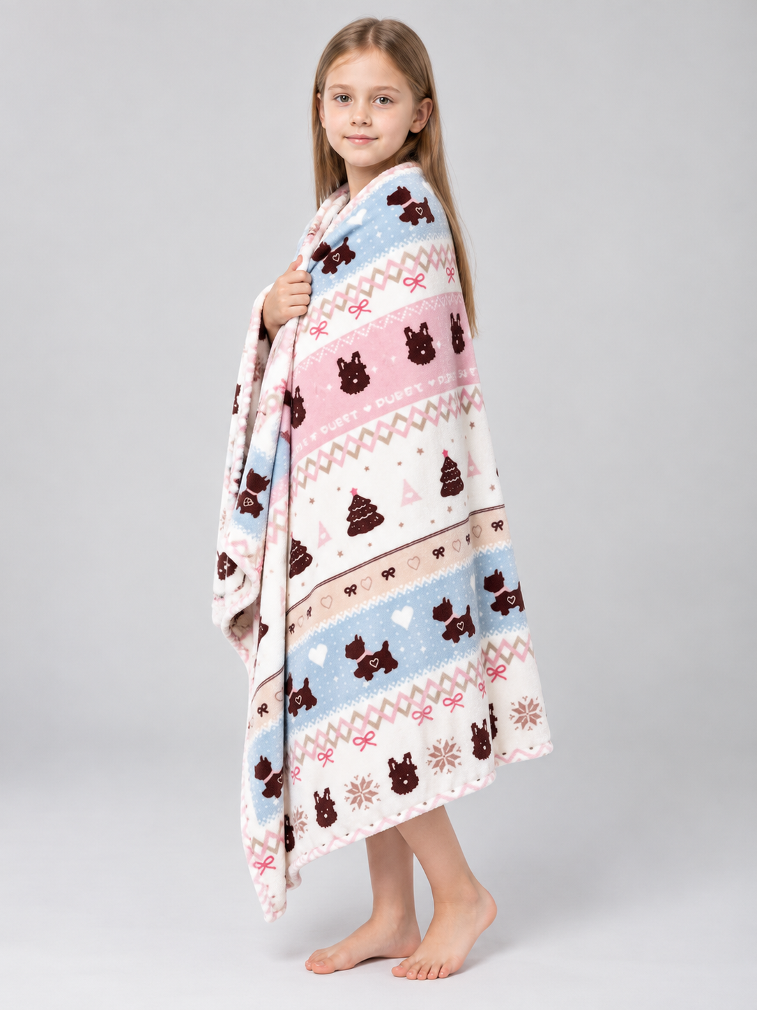 Reversible Fleece Blanket with Dog and Bow Print