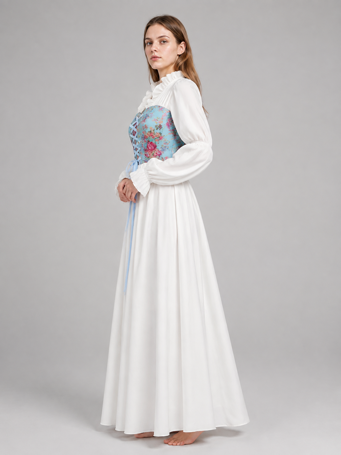 Long Dress with Corset-Style Bodice and Full Sleeves side view