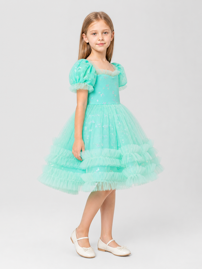 Children's Dressy Dress with Full Skirt, Mint side view