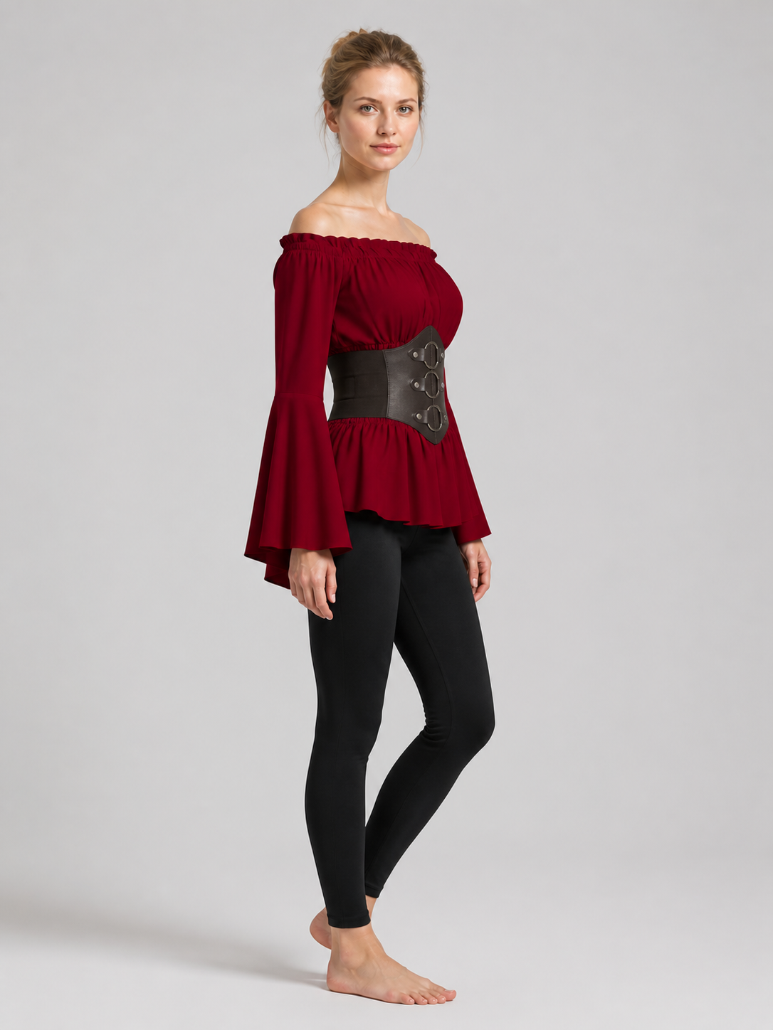 Burgundy Blouse with Black Belt, Pirate Cosplay side view