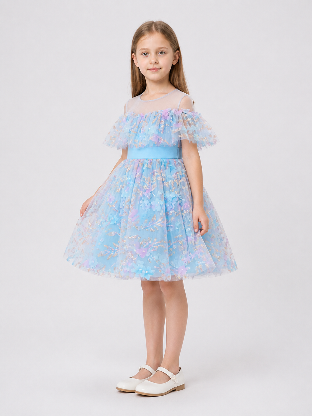 Blue Princess Dress with Flowers and a Full Skirt