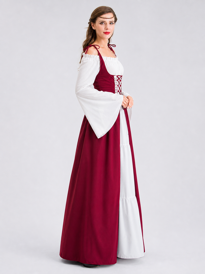 This is a retro-style historical costume for creating the look of a princess, queen, or theater performer. The outfit combines white and wine-red colors, creating a striking and distinctive appearance. The white top features wide sleeves, s