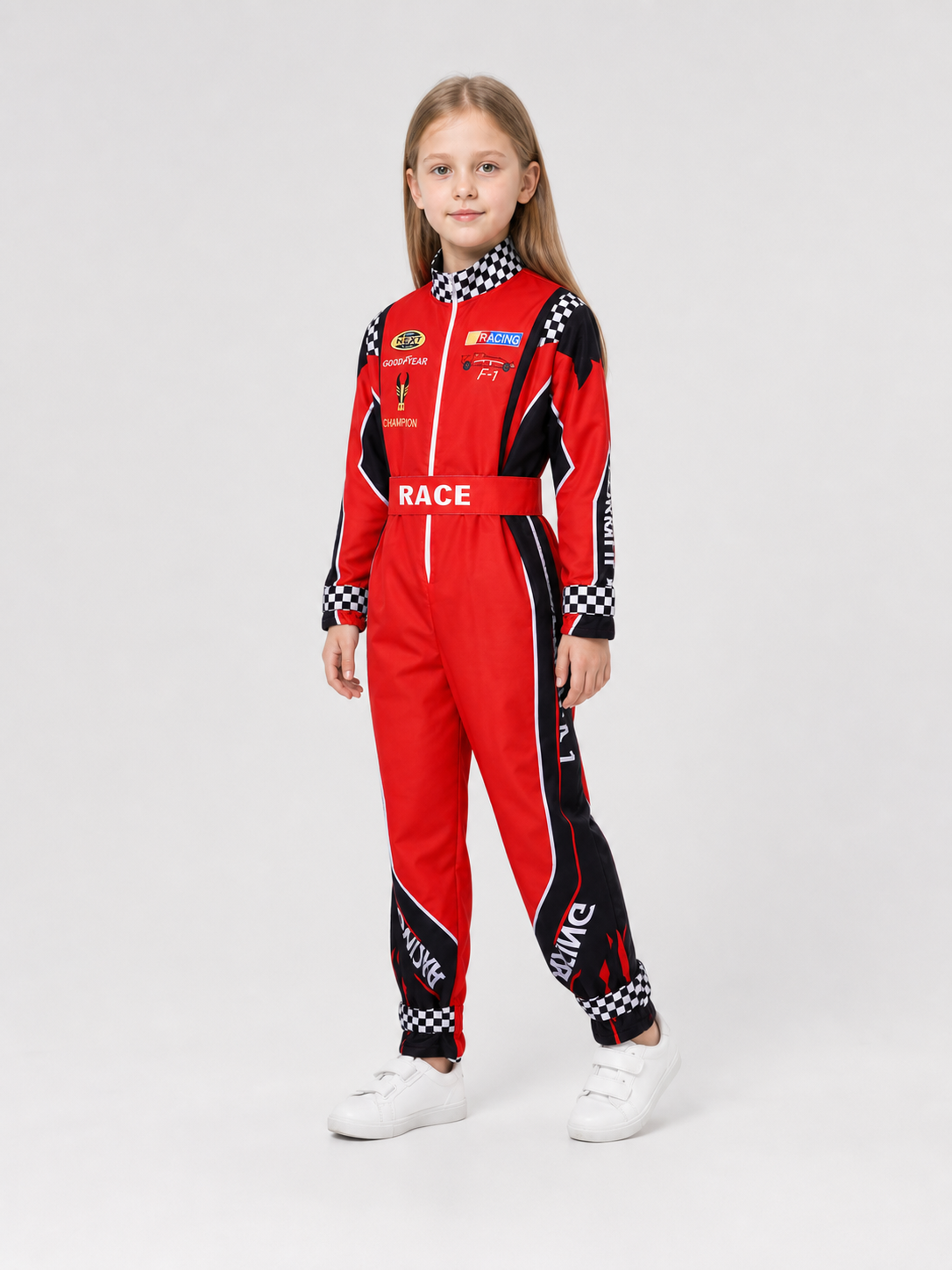 Red Racing Jumpsuit with Checkered Pattern, 110-XXXL