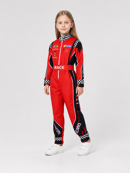 Red Racing Jumpsuit with Checkered Pattern, 110-XXXL