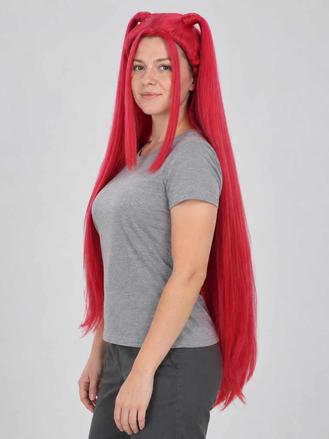 Bright Red Long Cosplay Wig with Bangs and Buns