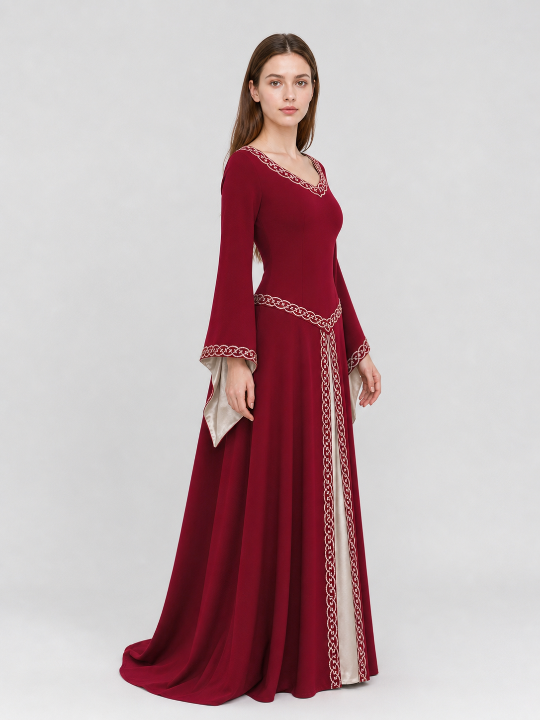 Floor-Length Dress with Long Sleeves and Decorative Trim