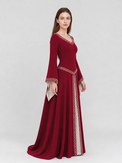 Floor-Length Dress with Long Sleeves and Decorative Trim