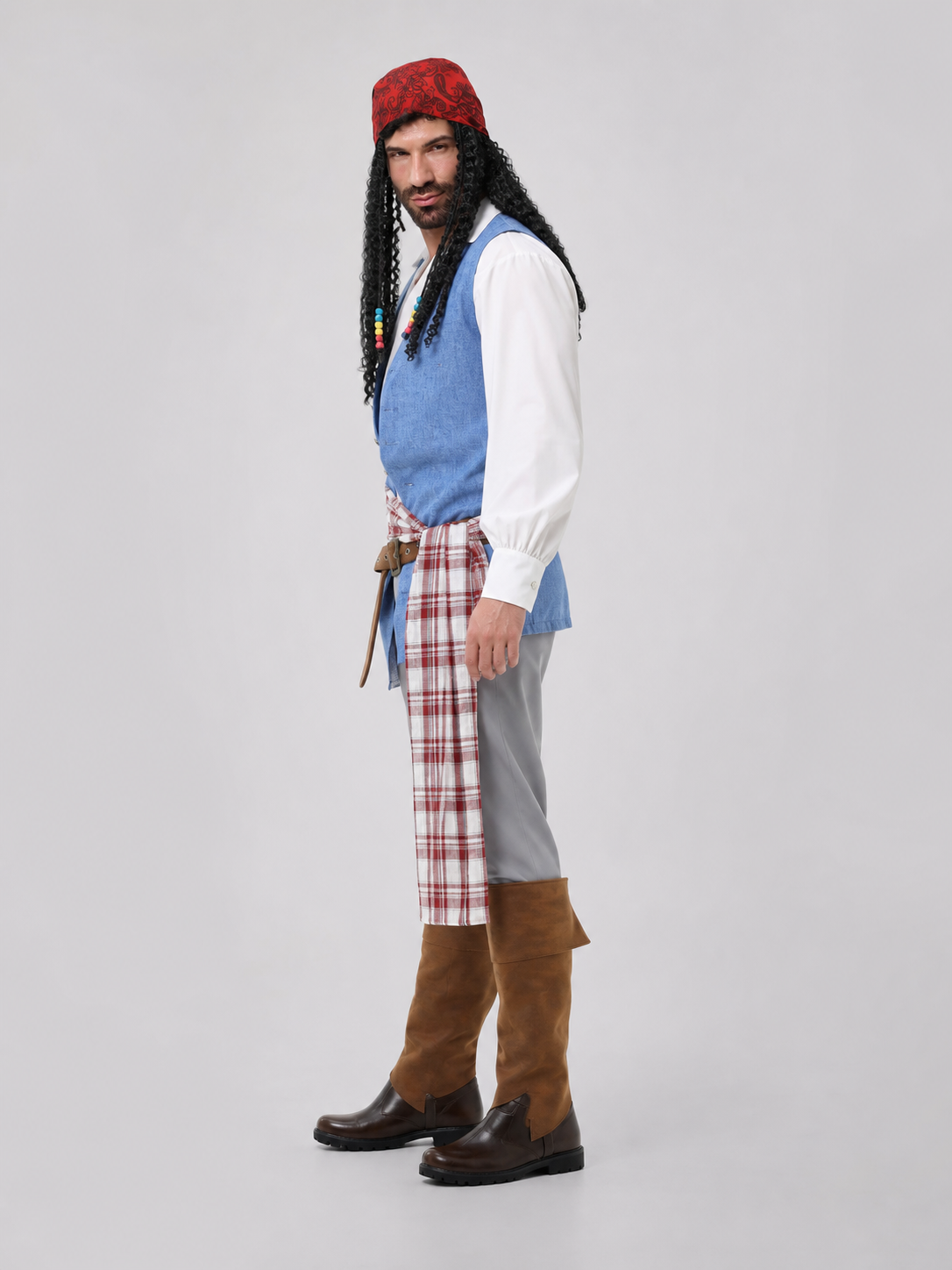 Pirate costume — a layered outfit with a medieval Caribbean theme for Halloween, themed parties, cosplay, and stage performances. The design combines brown, gray, white, red, blue, and black colors. The outfit is centered around a blue vest