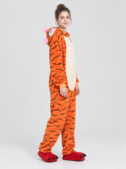 Tiger-Striped Hooded Pajama Jumpsuit