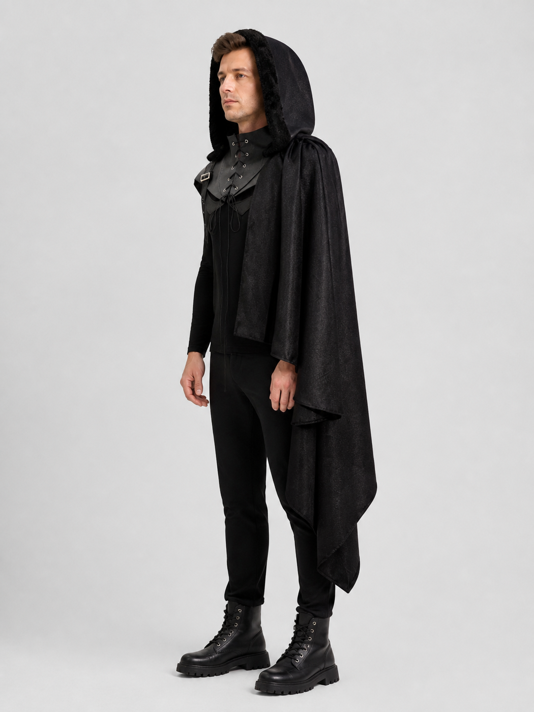 Medieval Hooded Cape, Black, Gothic side view