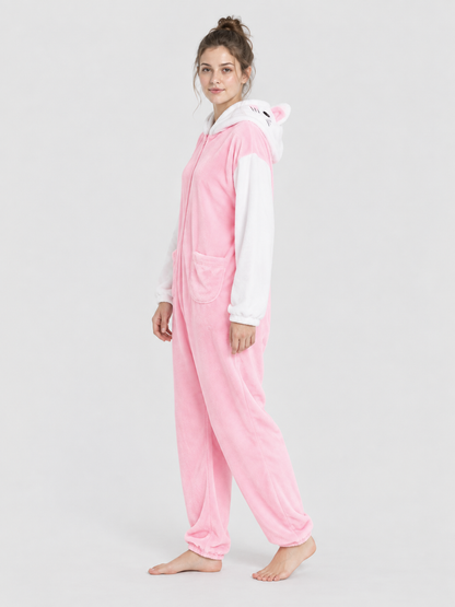 Pink Fleece Hooded Pajama Jumpsuit with Ears